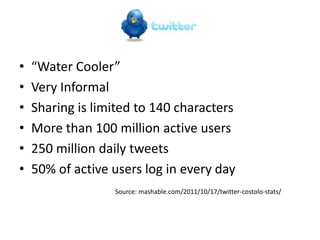 •   “Water Cooler”
•   Very Informal
•   Sharing is limited to 140 characters
•   More than 100 million active users
•   250 million daily tweets
•   50% of active users log in every day
                  Source: mashable.com/2011/10/17/twitter-costolo-stats/
 