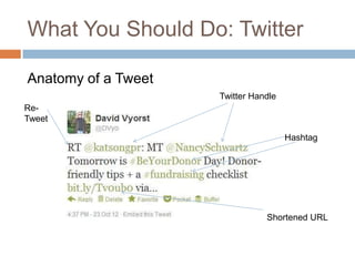 What You Should Do: Twitter

Anatomy of a Tweet
                     Twitter Handle
Re-
Tweet

                                      Hashtag




                                Shortened URL
 