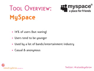 Tool Overview:
MySpace
• 14% of users (but waning)
• Users tend to be younger
• Used by a lot of bands/entertainment industry
• Casual & anonymous




                                        Twitter: #raisedeyebrow
 