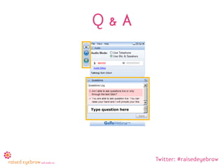 Q&A



Type question here




                     Twitter: #raisedeyebrow
 