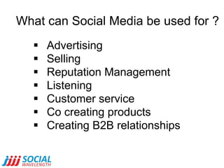 What can Social Media be used for ? <ul><ul><ul><ul><li>Advertising </li></ul></ul></ul></ul><ul><ul><ul><ul><li>Selling <...
