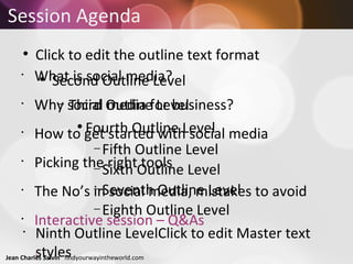 What is social media? Why social media for business? How to get started with social media Picking the right tools The No’s in social media, mistakes to avoid Interactive session – Q&As Session Agenda 