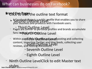 What can businesses do on Facebook? Brand Fan Pages  A Facebook Page is a public profile that enables you to share your business and products with Facebook users.  Pages are similar to personal profiles and brands accumulate fans instead of friends.  Within pages you have the option of posting and collecting content, importing Twitter and blog feeds, collecting user reviews, and hosting discussions.  