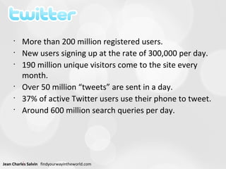 More than 200 million registered users. New users signing up at the rate of 300,000 per day. 190 million unique visitors come to the site every month. Over 50 million “tweets” are sent in a day. 37% of active Twitter users use their phone to tweet. Around 600 million search queries per day. 