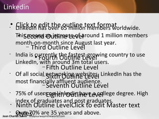 Linkedin LinkedIn has over 65 million members worldwide. This means an increase of around 1 million members month-on-month since August last year. India is currently the fastest-growing country to use LinkedIn, with around 3m total users. Of all social networking websites, LinkedIn has the most financially affluent audience. 75% of users on LinkedIn have a college degree. High index of graduates and post graduates. Over 70% are 35 years and above. 