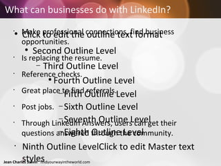 What can businesses do with LinkedIn? Make professional connections, find business opportunities. Is replacing the resume. Reference checks. Great place to find referrals. Post jobs. Through LinkedIn Answers, users can get their questions answered through the community. 