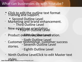 What can businesses do with Youtube? Training and support. Marketing and brand enhancement. New employee orientation. Product overviews, demonstration. Customer testimonial, customer success stories. 