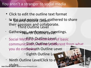 You aren’t a stranger to social media In the past people met, gathered to share their passions and collaborate. Gatherings, conferences, meetings. Social Media is an extension of basic communication, not very different from what you do everyday.  