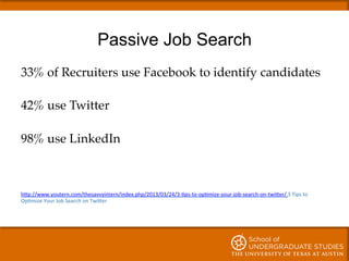 Passive Job Search
33% of Recruiters use Facebook to identify candidates!
!
42% use Twitter!
!
98% use LinkedIn!
!
h"p://w...
