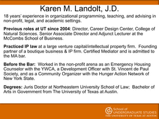 Karen M. Landolt, J.D.
18 years’ experience in organizational programming, teaching, and advising in
non-profit, legal, an...