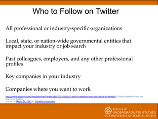 Who to Follow on Twitter
!
All professional or industry-speciﬁc organizations!
!
Local, state, or nation-wide governmental...