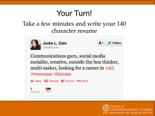 Your Turn!
Take a few minutes and write your 140
character resume!
 