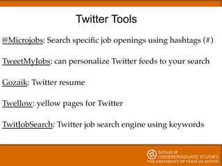 Twitter Tools
@Microjobs: Search speciﬁc job openings using hashtags (#)!
!
TweetMyJobs: can personalize Twitter feeds to ...