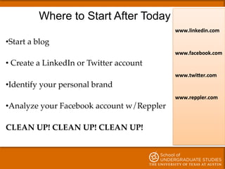 Where to Start After Today
!
• Start a blog!
• Create a LinkedIn or Twitter account!
• Identify your personal brand!
• Ana...
