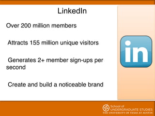 LinkedIn
Over 200 million members"
"
Attracts 155 million unique visitors"
"
Generates 2+ member sign-ups per
second"
"
Cr...