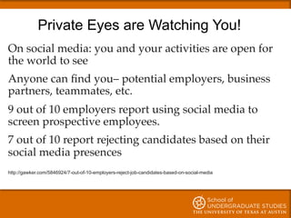 Private Eyes are Watching You!
On social media: you and your activities are open for
the world to see!
!
Anyone can ﬁnd yo...