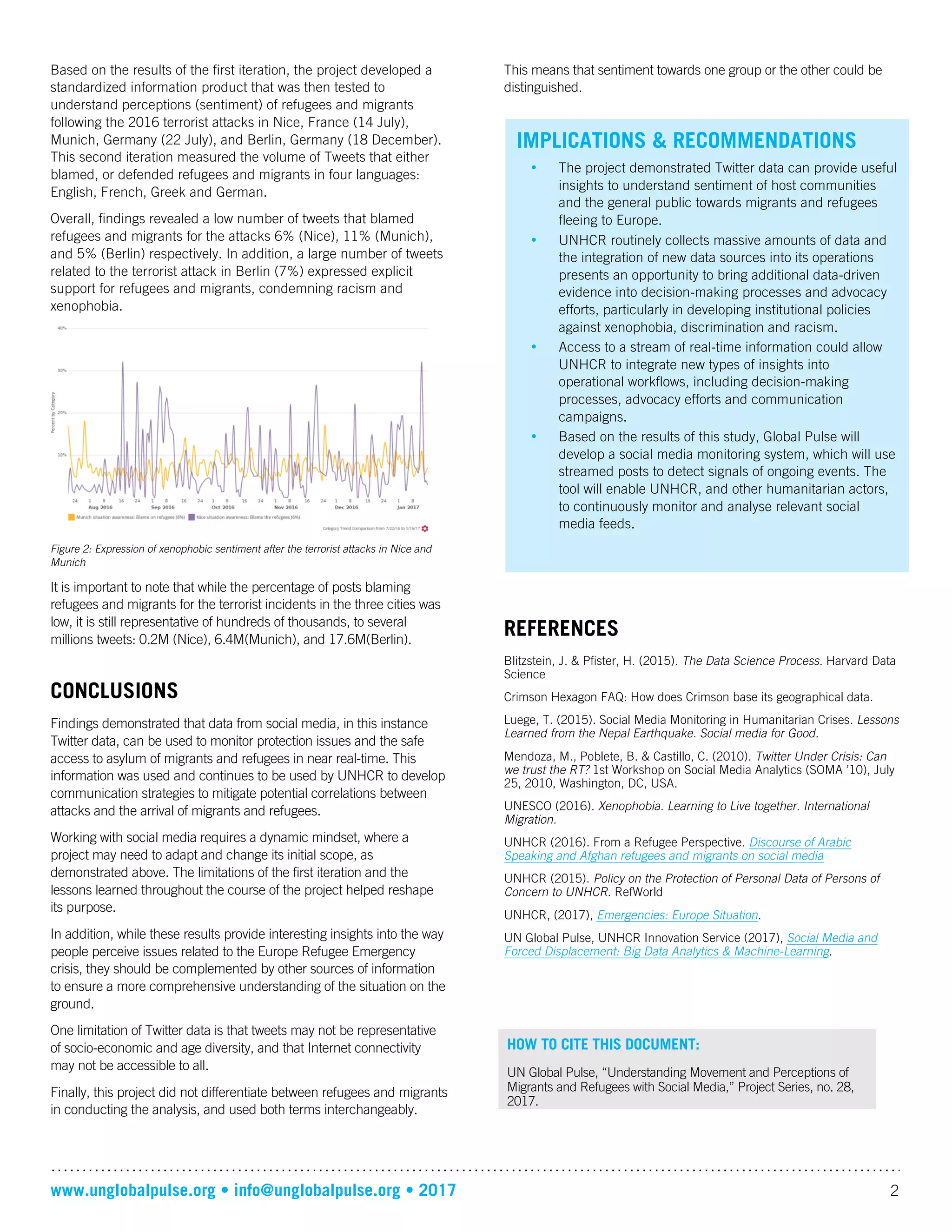 www.unglobalpulse.org • info@unglobalpulse.org • 2017 2
Based on the results of the first iteration, the project developed a
standardized information product that was then tested to
understand perceptions (sentiment) of refugees and migrants
following the 2016 terrorist attacks in Nice, France (14 July),
Munich, Germany (22 July), and Berlin, Germany (18 December).
This second iteration measured the volume of Tweets that either
blamed, or defended refugees and migrants in four languages:
English, French, Greek and German.
Overall, findings revealed a low number of tweets that blamed
refugees and migrants for the attacks 6% (Nice), 11% (Munich),
and 5% (Berlin) respectively. In addition, a large number of tweets
related to the terrorist attack in Berlin (7%) expressed explicit
support for refugees and migrants, condemning racism and
xenophobia.
Figure 2: Expression of xenophobic sentiment after the terrorist attacks in Nice and
Munich
It is important to note that while the percentage of posts blaming
refugees and migrants for the terrorist incidents in the three cities was
low, it is still representative of hundreds of thousands, to several
millions tweets: 0.2M (Nice), 6.4M(Munich), and 17.6M(Berlin).
CONCLUSIONS
Findings demonstrated that data from social media, in this instance
Twitter data, can be used to monitor protection issues and the safe
access to asylum of migrants and refugees in near real-time. This
information was used and continues to be used by UNHCR to develop
communication strategies to mitigate potential correlations between
attacks and the arrival of migrants and refugees.
Working with social media requires a dynamic mindset, where a
project may need to adapt and change its initial scope, as
demonstrated above. The limitations of the first iteration and the
lessons learned throughout the course of the project helped reshape
its purpose.
In addition, while these results provide interesting insights into the way
people perceive issues related to the Europe Refugee Emergency
crisis, they should be complemented by other sources of information
to ensure a more comprehensive understanding of the situation on the
ground.
One limitation of Twitter data is that tweets may not be representative
of socio-economic and age diversity, and that Internet connectivity
may not be accessible to all.
Finally, this project did not differentiate between refugees and migrants
in conducting the analysis, and used both terms interchangeably.
This means that sentiment towards one group or the other could be
distinguished.
REFERENCES
Blitzstein, J. & Pfister, H. (2015). The Data Science Process. Harvard Data
Science
Crimson Hexagon FAQ: How does Crimson base its geographical data.
Luege, T. (2015). Social Media Monitoring in Humanitarian Crises. Lessons
Learned from the Nepal Earthquake. Social media for Good.
Mendoza, M., Poblete, B. & Castillo, C. (2010). Twitter Under Crisis: Can
we trust the RT? 1st Workshop on Social Media Analytics (SOMA ’10), July
25, 2010, Washington, DC, USA.
UNESCO (2016). Xenophobia. Learning to Live together. International
Migration.
UNHCR (2016). From a Refugee Perspective. Discourse of Arabic
Speaking and Afghan refugees and migrants on social media
UNHCR (2015). Policy on the Protection of Personal Data of Persons of
Concern to UNHCR. RefWorld
UNHCR, (2017), Emergencies: Europe Situation.
UN Global Pulse, UNHCR Innovation Service (2017), Social Media and
Forced Displacement: Big Data Analytics & Machine-Learning.
HOW TO CITE THIS DOCUMENT:
UN Global Pulse, “Understanding Movement and Perceptions of
Migrants and Refugees with Social Media,” Project Series, no. 28,
2017.
IMPLICATIONS & RECOMMENDATIONS
• The project demonstrated Twitter data can provide useful
insights to understand sentiment of host communities
and the general public towards migrants and refugees
fleeing to Europe.
• UNHCR routinely collects massive amounts of data and
the integration of new data sources into its operations
presents an opportunity to bring additional data-driven
evidence into decision-making processes and advocacy
efforts, particularly in developing institutional policies
against xenophobia, discrimination and racism.
• Access to a stream of real-time information could allow
UNHCR to integrate new types of insights into
operational workflows, including decision-making
processes, advocacy efforts and communication
campaigns.
• Based on the results of this study, Global Pulse will
develop a social media monitoring system, which will use
streamed posts to detect signals of ongoing events. The
tool will enable UNHCR, and other humanitarian actors,
to continuously monitor and analyse relevant social
media feeds.
 