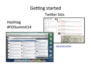 Geong'started'
hKp://cpa.tc/4qw'
'
Hashtag'
#FEISummit14'
TwiKer'lists'
 