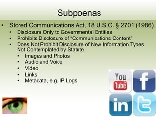 Subpoenas
• Stored Communications Act, 18 U.S.C. § 2701 (1986)
• Disclosure Only to Governmental Entities
• Prohibits Disclosure of “Communications Content”
• Does Not Prohibit Disclosure of New Information Types
Not Contemplated by Statute
• Images and Photos
• Audio and Voice
• Video
• Links
• Metadata, e.g. IP Logs
 