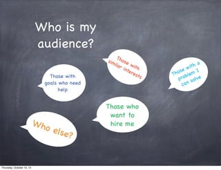 Who is my
audience?
Those with
similar interests
Those who
want to
hire me
Those with a
problem I
can solveThose with
goals who need
help
Who else?
Thursday, October 10, 13
 