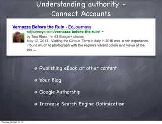 Understanding authority -
Connect Accounts
Publishing eBook or other content
Your Blog
Google Authorship
Increase Search Engine Optimization
Thursday, October 10, 13
 