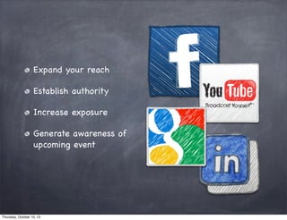 Expand your reach
Establish authority
Increase exposure
Generate awareness of
upcoming event
Thursday, October 10, 13
 