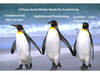 Multichannel Fundraising
Peer-to-Peer
Crowdsourcing
3 Places Social Media Works for Fundraising
Curation – Lead
Acquisition
 