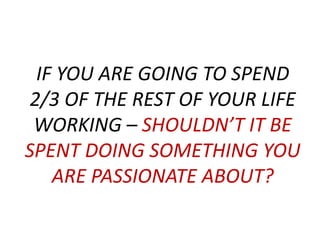 IF YOU ARE GOING TO SPEND 2/3 OF THE REST OF YOUR LIFE WORKING – SHOULDN’T IT BE SPENT DOING SOMETHING YOU ARE PASSIONATE ABOUT? 