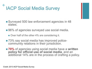 +
Credit: 2013 IACP Social Media Survey
IACP Social Media Survey
 Surveyed 500 law enforcement agencies in 48
states.
 96% of agencies surveyed use social media.
 Over half of the other 4% are considering it.
 73% say social media has improved police-
community relations in their jurisdiction.
 70% of agencies using social media have a written
policy for official use of social media, and an
additional 14% are in the process of crafting a policy.
 