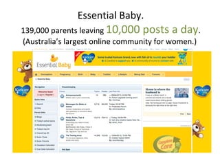 Essential Baby.
139,000 parents leaving 10,000 posts a day.
(Australia’s largest online community for women.)
 