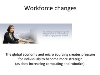 Workforce changes
The global economy and micro sourcing creates pressure
for individuals to become more strategic
(as does increasing computing and robotics).
 