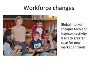 Workforce changes
Global market,
cheaper tech and
interconnectivity
leads to greater
ease for new
market entrants.
 