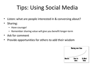 Tips: Using Social Media
• Listen: what are people interested in & conversing about?
• Sharing:
– Have courage!
– Remember sharing value will give you benefit longer-term
• Ask for comment
• Provide opportunities for others to add their wisdom
 