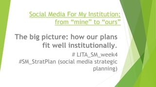 Social Media For My Institution;
from “mine” to “ours”
The big picture: how our plans
fit well institutionally.
# LITA_SM_week4
#SM_StratPlan (social media strategic
planning)
 