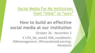 Social Media For My Institution;
from “mine” to “ours”
How to build an effective
social media at our institution
October 26 - November 2
# LITA_SM_week2 #SM_nuts&bolts;
#SMmanagement; #PersonalizedLearning;
#analytics
 