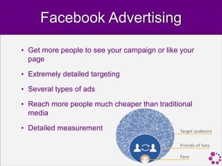 Facebook Advertising

• Get more people to see your campaign or like your
  page

• Extremely detailed targeting

• Several types of ads

• Reach more people much cheaper than traditional
  media

• Detailed measurement
 