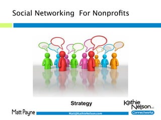 Social Networking For Nonproﬁts




               Strategy
              Matt@KathieNelson.com
 