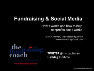 Marc A. Pitman, The Fundraising Coach
www.FundraisingCoach.com
© 2010 FundraisingCoach.com
Fundraising & Social Media
How it works and how to help
nonprofits see it works
TWITTER @marcapitman
Hashtag #smbme
 