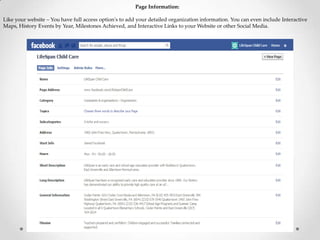 Page Information:
Like your website – You have full access option's to add your detailed organization information. You can even include Interactive
Maps, History Events by Year, Milestones Achieved, and Interactive Links to your Website or other Social Media.
 