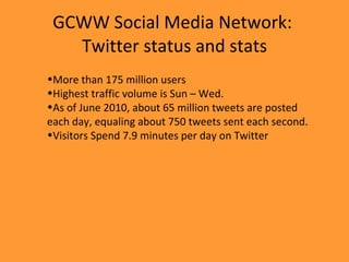 GCWW Social Media Network:  Twitter status and stats ,[object Object],[object Object],[object Object],[object Object]