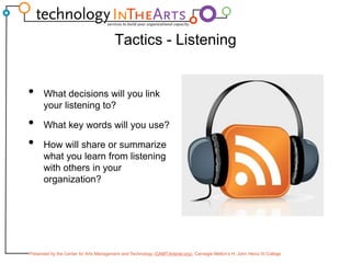 Tactics - ListeningWhat decisions will you link your listening to?What key words will you use?How will share or summarize what you learn from listening with others in your organization?