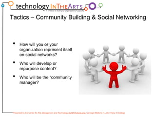 Tactics – Community Building & Social Networking How will you or your organization represent itself on social networks?Who will develop or repurpose content?Who will be the “community manager?