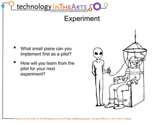 ExperimentWhat small piece can you implement first as a pilot?How will you learn from the pilot for your next experiment?