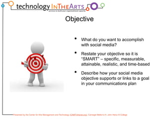 ObjectiveWhat do you want to accomplish with social media?Restate your objective so it is “SMART” – specific, measurable, attainable, realistic, and time-basedDescribe how your social media objective supports or links to a goal in your communications plan