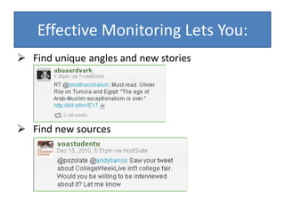 Find new sourcesCommon ComplaintsTwitter:There’s too much information – I can’t read all of it!You shouldn’t try to consume all of it – the key is to find tools to help you filter, browse and scanPeople are talking about mundane things like what they had for lunch – I don’t care!Yes, some people do, but many don’t and we will focus on finding those peopleBlogs:They’re biased – I don’t want to know what they think!