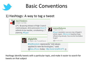 Basic Conventions1) Hashtags: A way to tag a tweetHashtags identify tweets with a particular topic, and make it easier to search for tweets on that subject