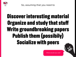 48         So, assuming that you need to




     Discover interesting material
     Organize and study that stuﬀ
     Wri...