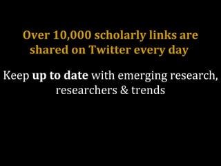 Over 10,000 scholarly links are
shared on Twitter every day
Keep up to date with emerging research,
researchers & trends
 