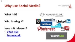Why use Social Media?
What is it?
Who is using it?
How is it relevant?
• Vitae RDF
Framework
3000
 