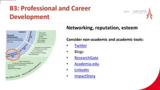 B3: Professional and Career
Development
Networking, reputation, esteem
Consider non-academic and academic tools:
• Twitter
• Blogs
• ResearchGate
• Academia.edu
• LinkedIn
• ImpactStory
30001
 